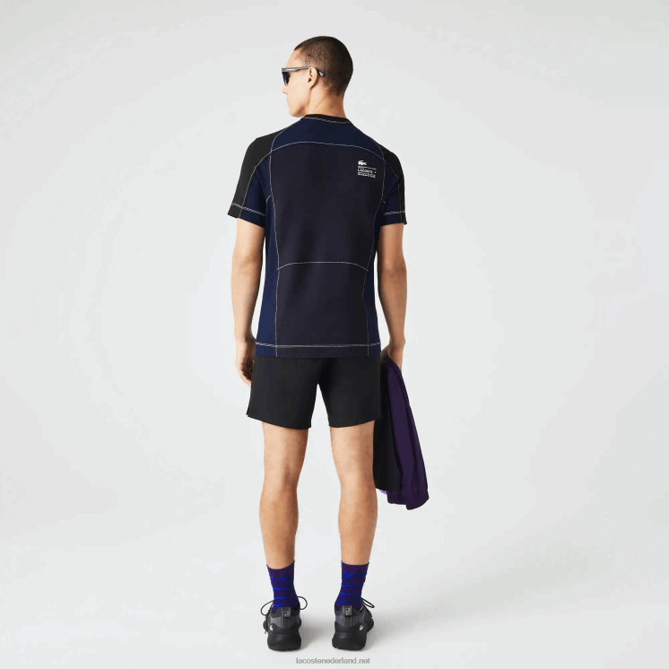 Lacoste Heritage regular fit stretch piqué T-shirt met kleurvlakken 0828H820 marineblauw zwart 7w4 Heren