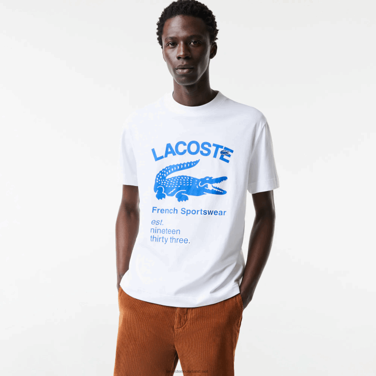 Lacoste T-shirt met relaxte pasvorm van krokodillenleer 0828H698 wit 001 Heren