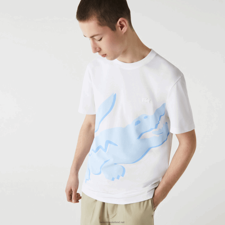 Lacoste T-shirt van biologisch katoen met ronde hals en krokodillenprint 0828H637 wit 001 Heren