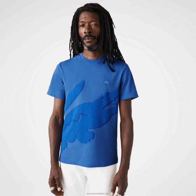 Lacoste T-shirt van biologisch katoen met ronde hals en krokodillenprint 0828H639 blauwe rug hg3 Heren
