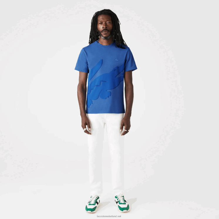 Lacoste T-shirt van biologisch katoen met ronde hals en krokodillenprint 0828H639 blauwe rug hg3 Heren