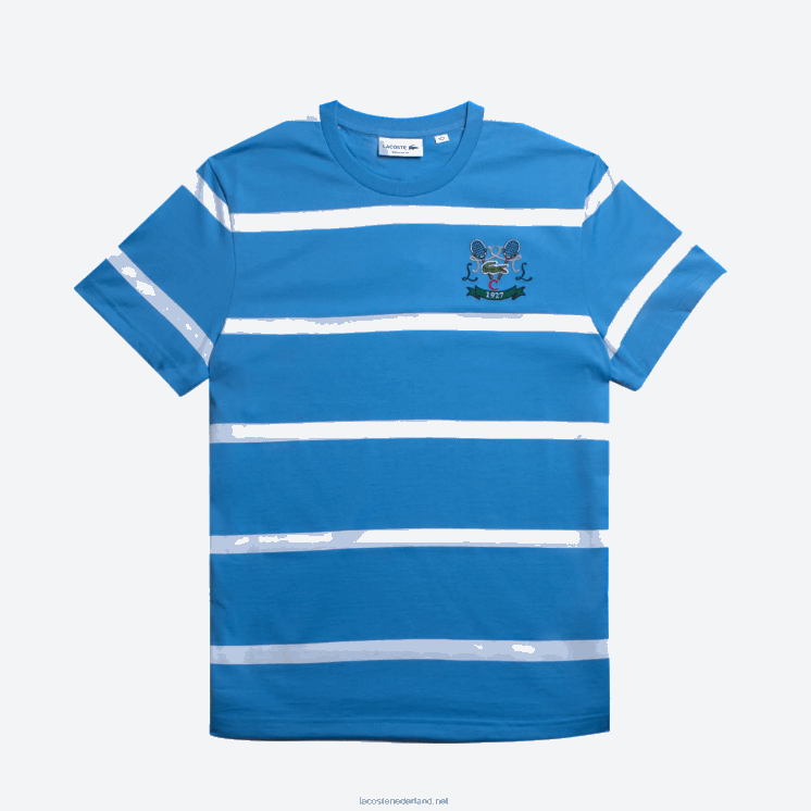 Lacoste T-shirt van gestreept katoenjersey met tennisborduursel en ronde hals 0828H804 blauw wit hh7 Heren
