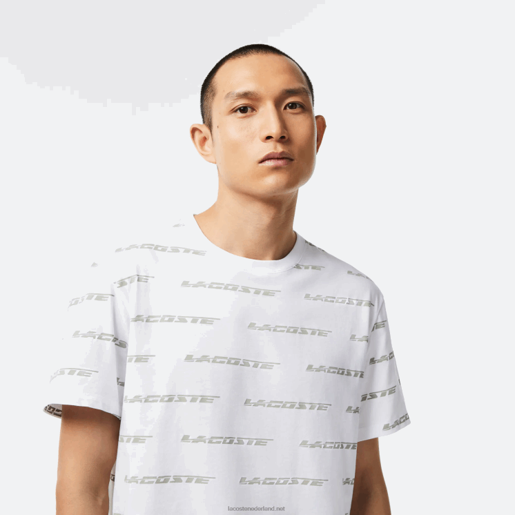 Lacoste T-shirt van katoenjersey met logoprint 0828H502 wit kaki groen gy8 Heren