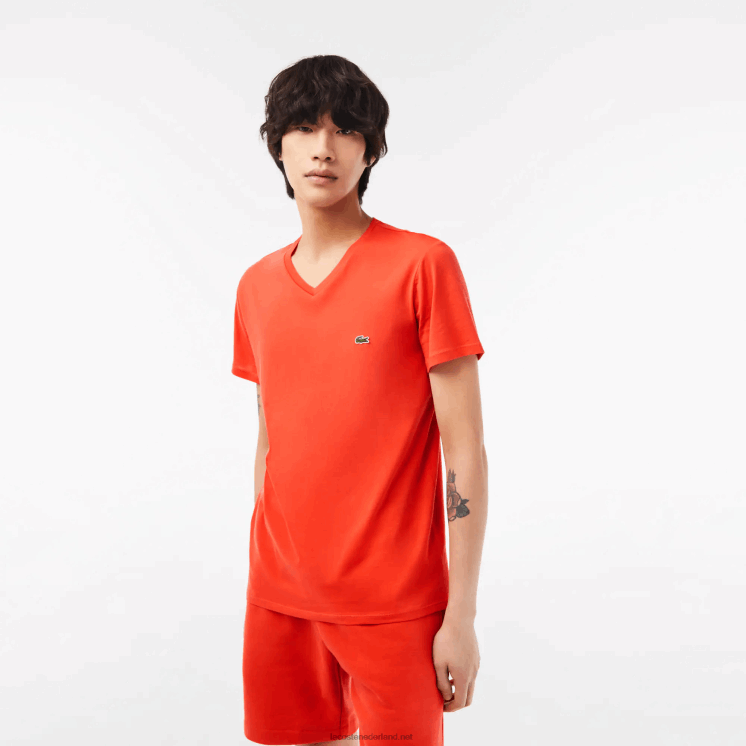 Lacoste T-shirt van pimakatoen met v-hals 0828H39 oranje 02k Heren