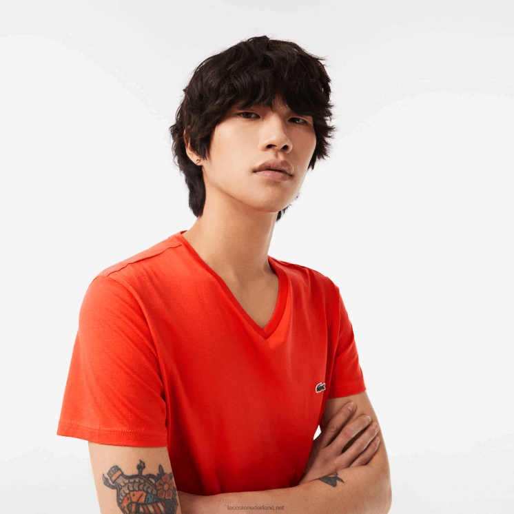 Lacoste T-shirt van pimakatoen met v-hals 0828H39 oranje 02k Heren