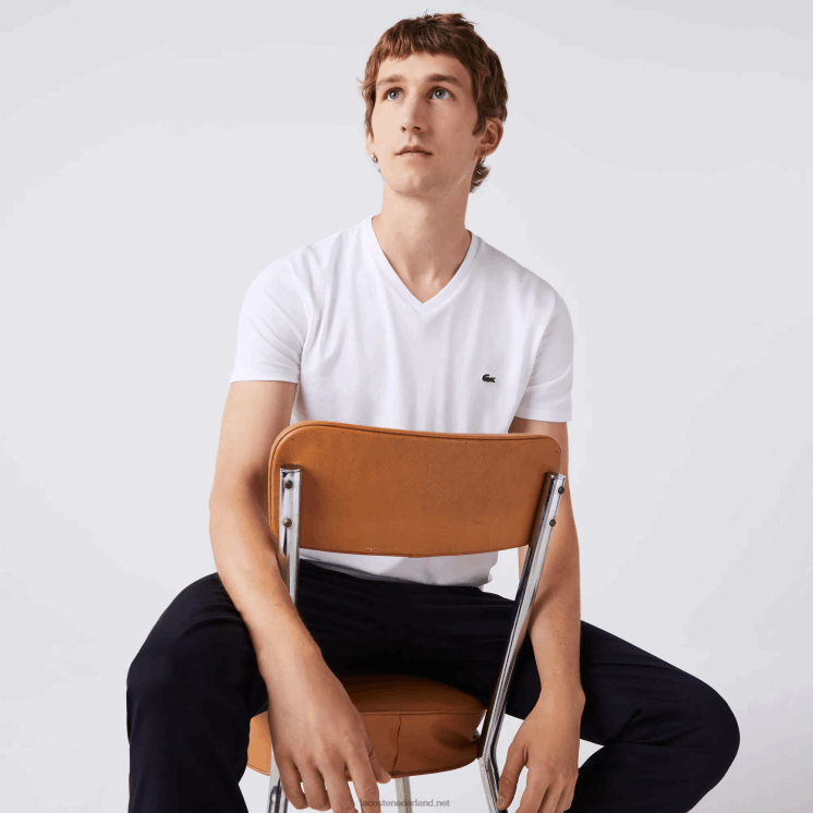 Lacoste T-shirt van pimakatoen met v-hals 0828H40 wit 001 Heren