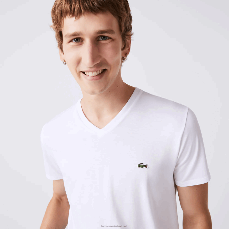 Lacoste T-shirt van pimakatoen met v-hals 0828H40 wit 001 Heren