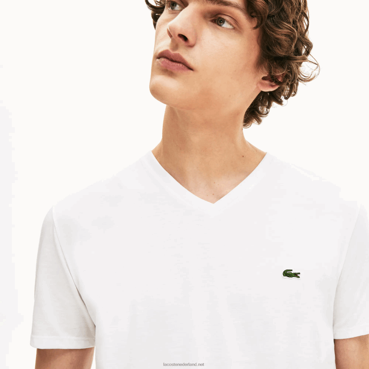 Lacoste T-shirt van pimakatoen met v-hals 0828H40 wit 001 Heren