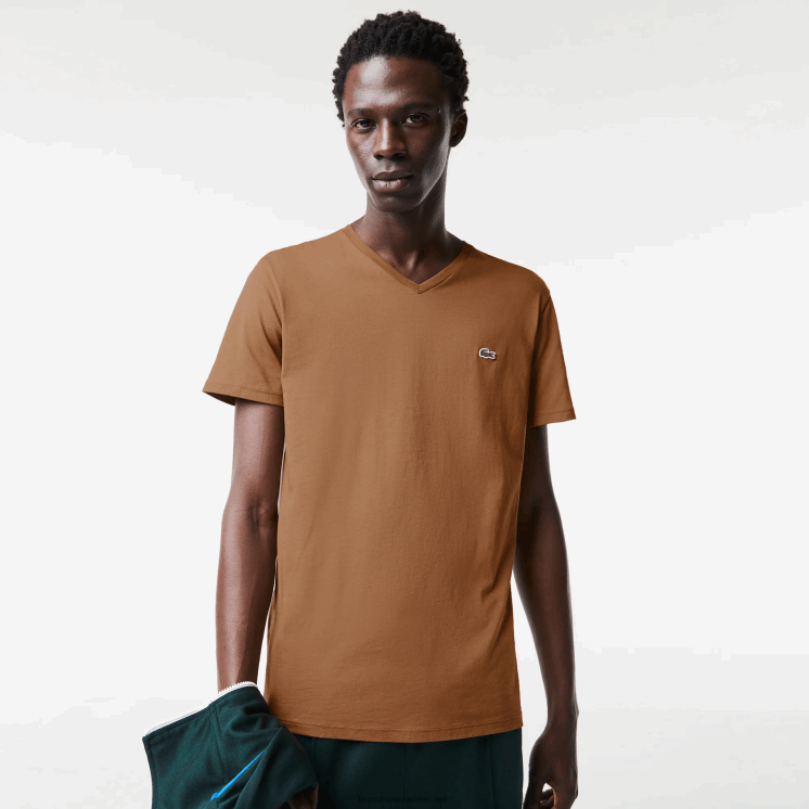 Lacoste T-shirt van pimakatoen met v-hals 0828H613 bruin z0w Heren