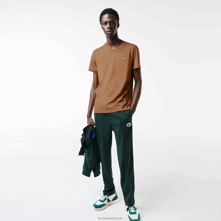 Lacoste T-shirt van pimakatoen met v-hals 0828H613 bruin z0w Heren