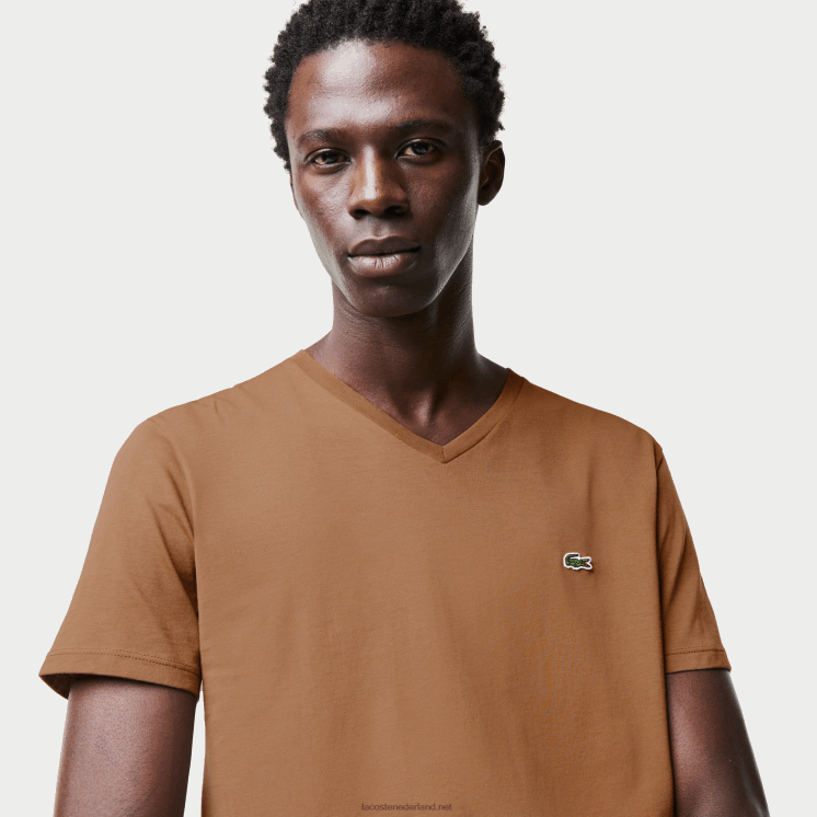 Lacoste T-shirt van pimakatoen met v-hals 0828H613 bruin z0w Heren