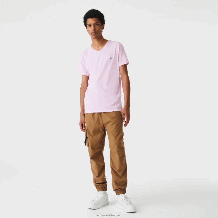 Lacoste T-shirt van pimakatoen met v-hals 0828H615 roze z4h Heren