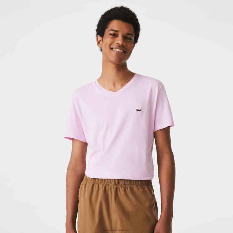 Lacoste T-shirt van pimakatoen met v-hals 0828H615 roze z4h Heren