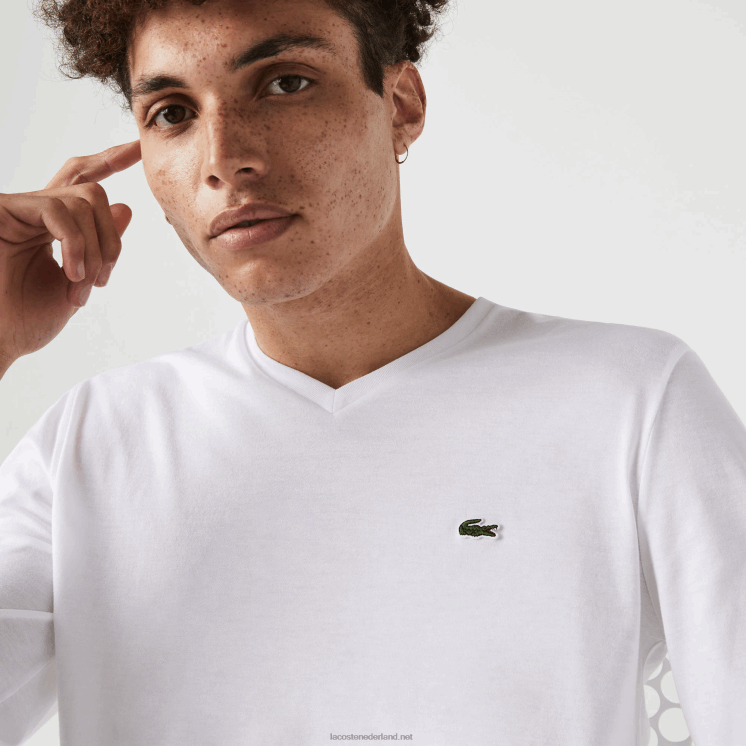 Lacoste V-hals lichtgewicht T-shirt van pimakatoen jersey 0828H675 wit 001 Heren