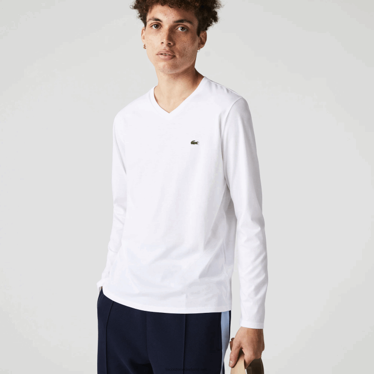 Lacoste V-hals lichtgewicht T-shirt van pimakatoen jersey 0828H675 wit 001 Heren