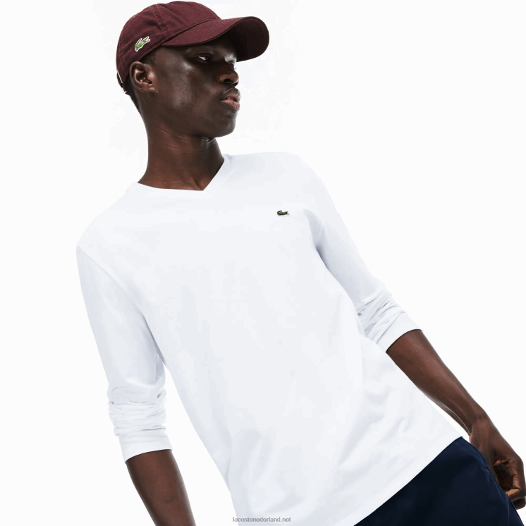 Lacoste V-hals lichtgewicht T-shirt van pimakatoen jersey 0828H675 wit 001 Heren