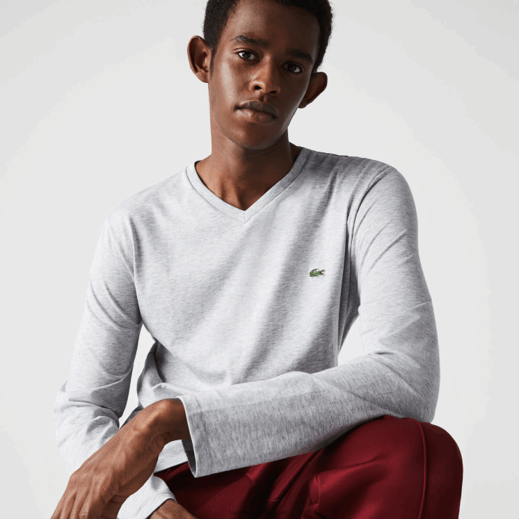 Lacoste V-hals lichtgewicht T-shirt van pimakatoen jersey 0828H677 grijze chine ca Heren