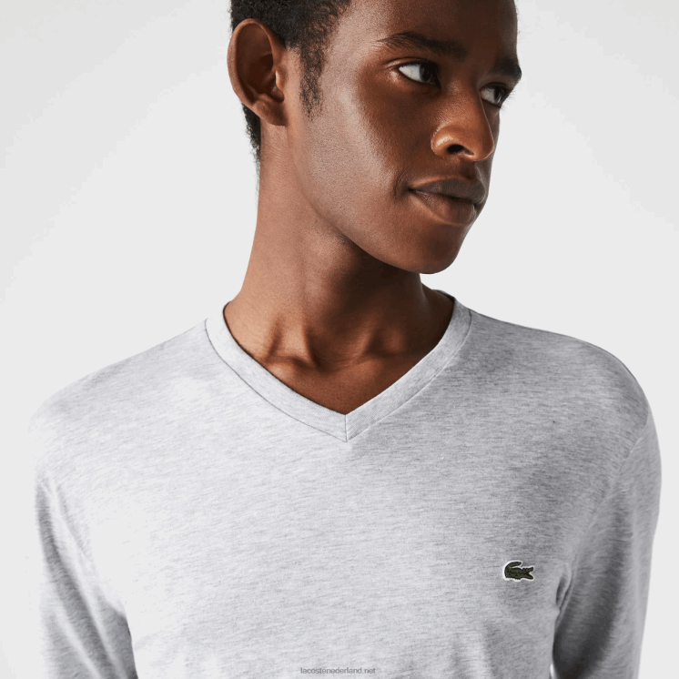 Lacoste V-hals lichtgewicht T-shirt van pimakatoen jersey 0828H677 grijze chine ca Heren