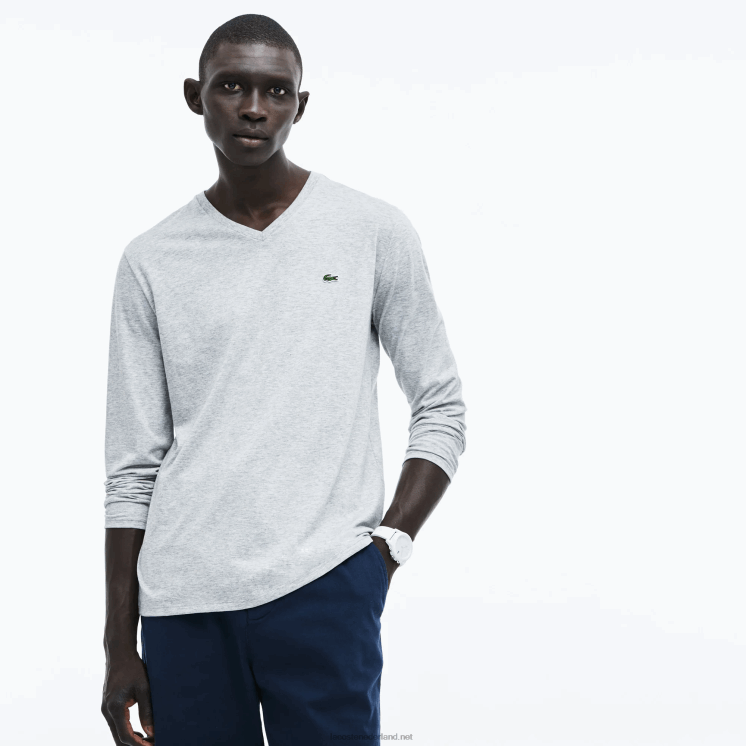 Lacoste V-hals lichtgewicht T-shirt van pimakatoen jersey 0828H677 grijze chine ca Heren