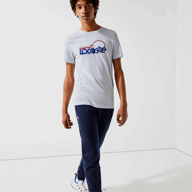 Lacoste ademend T-shirt met ronde hals en tennisprint 0828H793 grijs chine blauw rood 7ku Heren