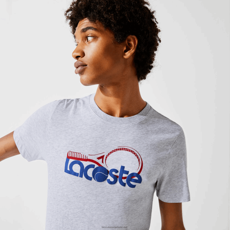Lacoste ademend T-shirt met ronde hals en tennisprint 0828H793 grijs chine blauw rood 7ku Heren