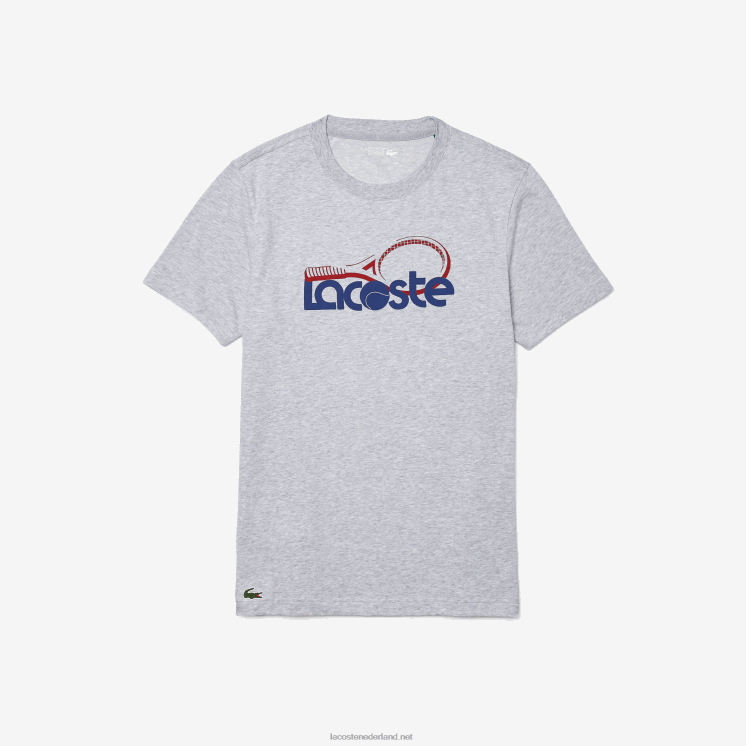 Lacoste ademend T-shirt met ronde hals en tennisprint 0828H793 grijs chine blauw rood 7ku Heren