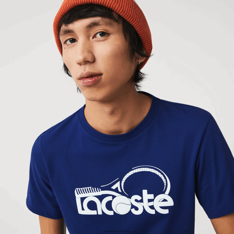 Lacoste ademend T-shirt met ronde hals en tennisprint 0828H794 blauw wit gtd Heren