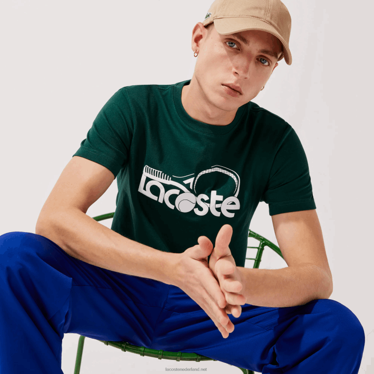 Lacoste ademend T-shirt met ronde hals en tennisprint 0828H795 groen wit wpx Heren