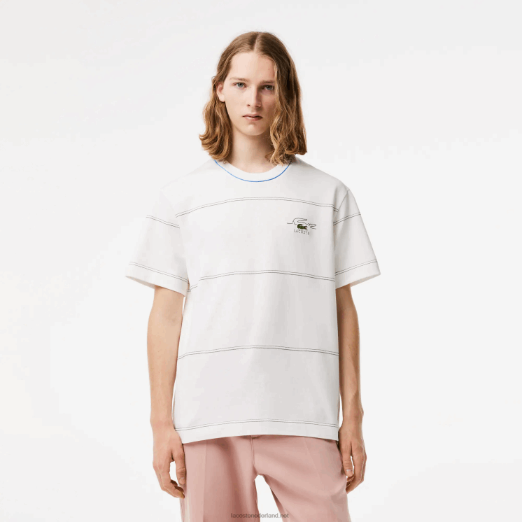 Lacoste gestreept T-shirt van biologisch katoenjersey 0828H182 wit 70v Heren