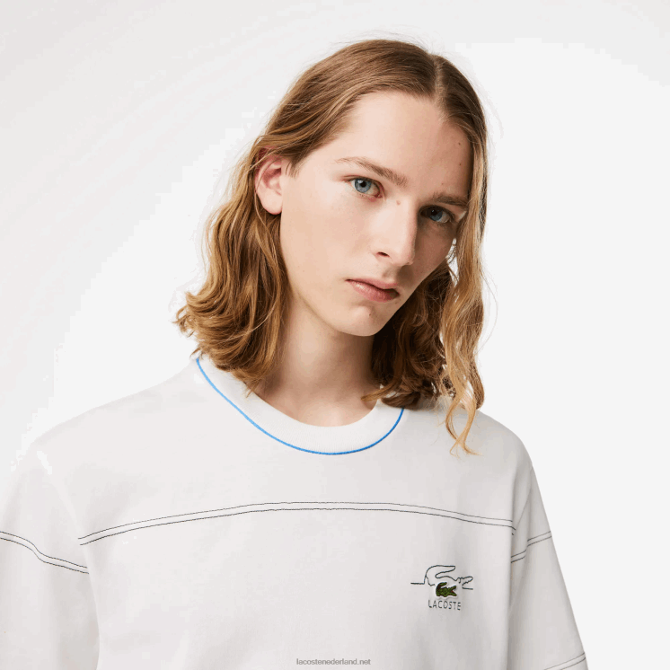 Lacoste gestreept T-shirt van biologisch katoenjersey 0828H182 wit 70v Heren