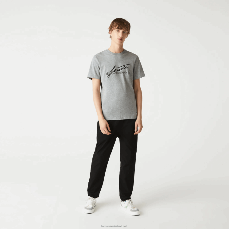 Lacoste katoenen T-shirt met ronde hals en handtekening en krokodillenprint 0828H760 grijze chine 4jv Heren
