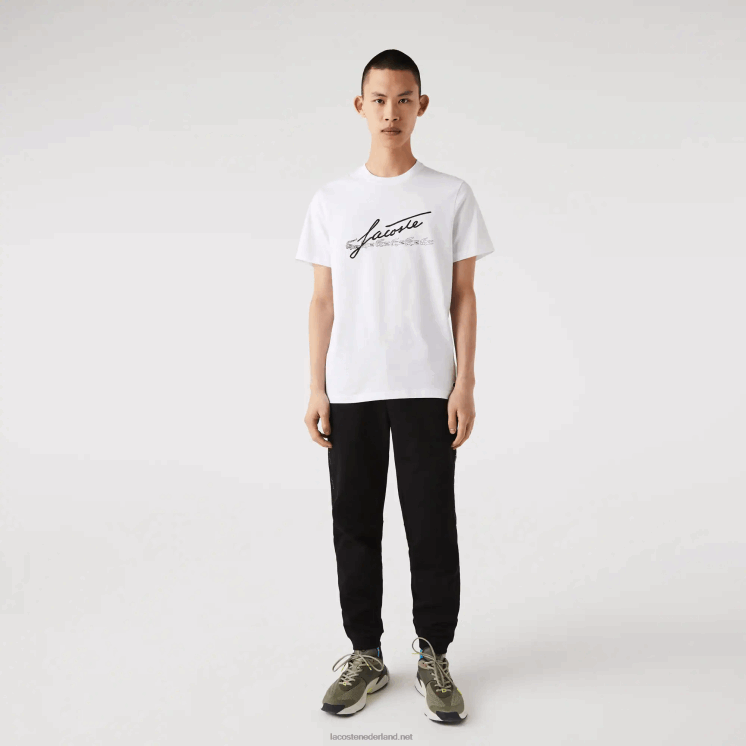 Lacoste katoenen T-shirt met ronde hals en handtekening en krokodillenprint 0828H761 wit 001 Heren