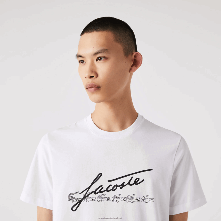 Lacoste katoenen T-shirt met ronde hals en handtekening en krokodillenprint 0828H761 wit 001 Heren