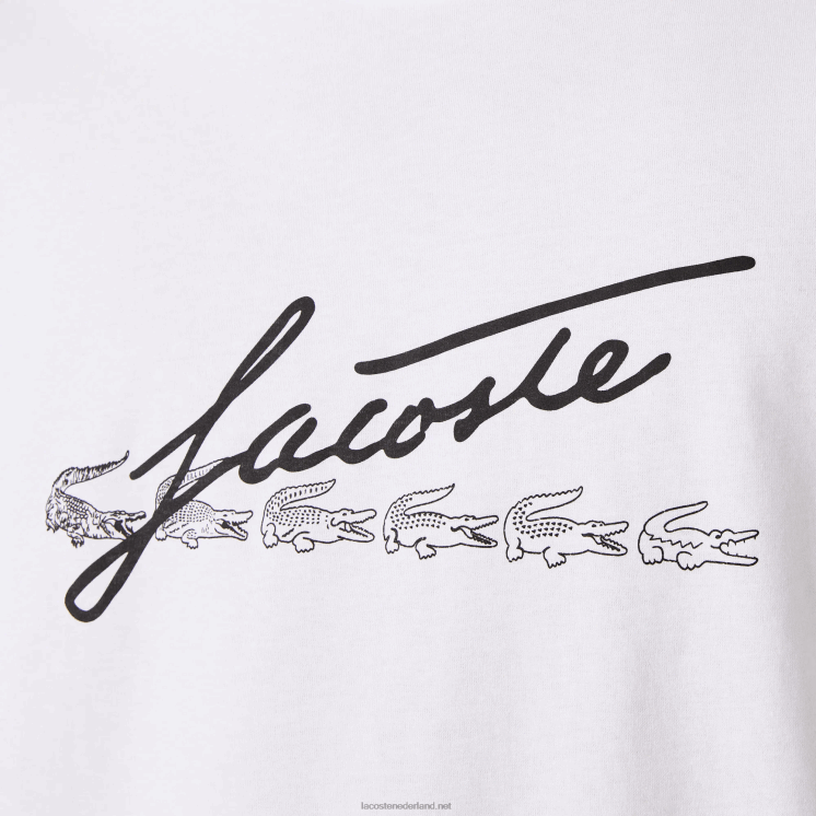 Lacoste katoenen T-shirt met ronde hals en handtekening en krokodillenprint 0828H761 wit 001 Heren