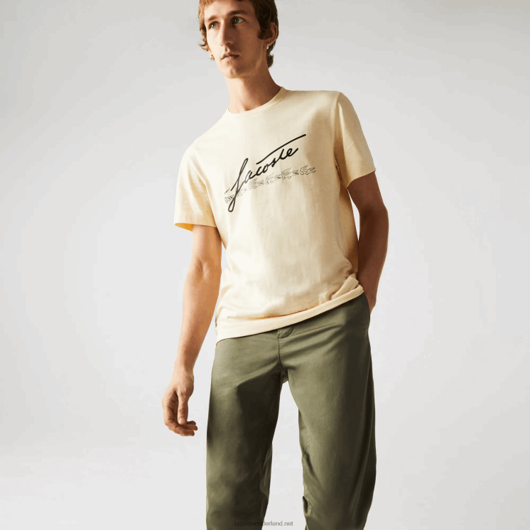 Lacoste katoenen T-shirt met ronde hals en handtekening en krokodillenprint 0828H762 gele hbz Heren