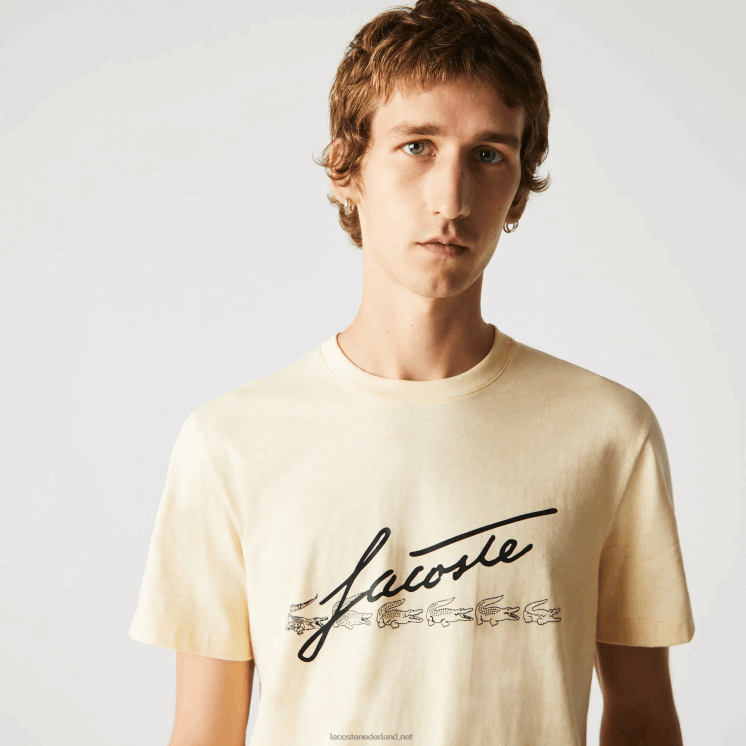 Lacoste katoenen T-shirt met ronde hals en handtekening en krokodillenprint 0828H762 gele hbz Heren