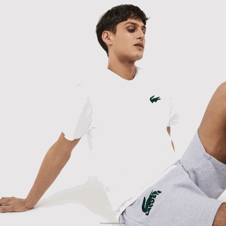 Lacoste katoenen lounge T-shirt met ronde hals en velours krokodillenleer 0828H1343 wit groen 7wj Heren