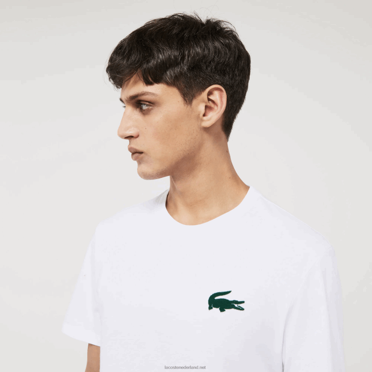 Lacoste katoenen lounge T-shirt met ronde hals en velours krokodillenleer 0828H1343 wit groen 7wj Heren