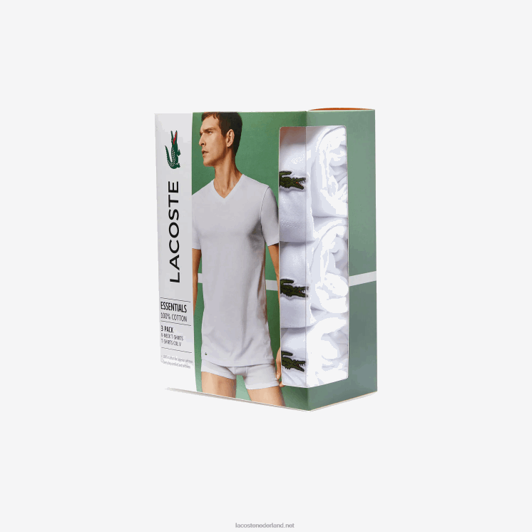 Lacoste katoenen lounge t-shirt met v-hals 3-pack 0828H1335 wit 001 Heren