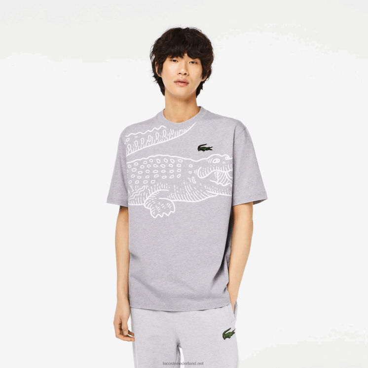 Lacoste losvallend T-shirt met ronde hals en krokodillenprint 0828H253 grijze chine ca Heren