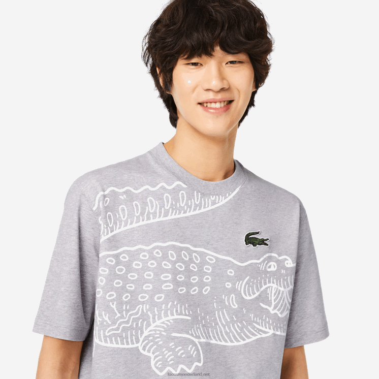 Lacoste losvallend T-shirt met ronde hals en krokodillenprint 0828H253 grijze chine ca Heren