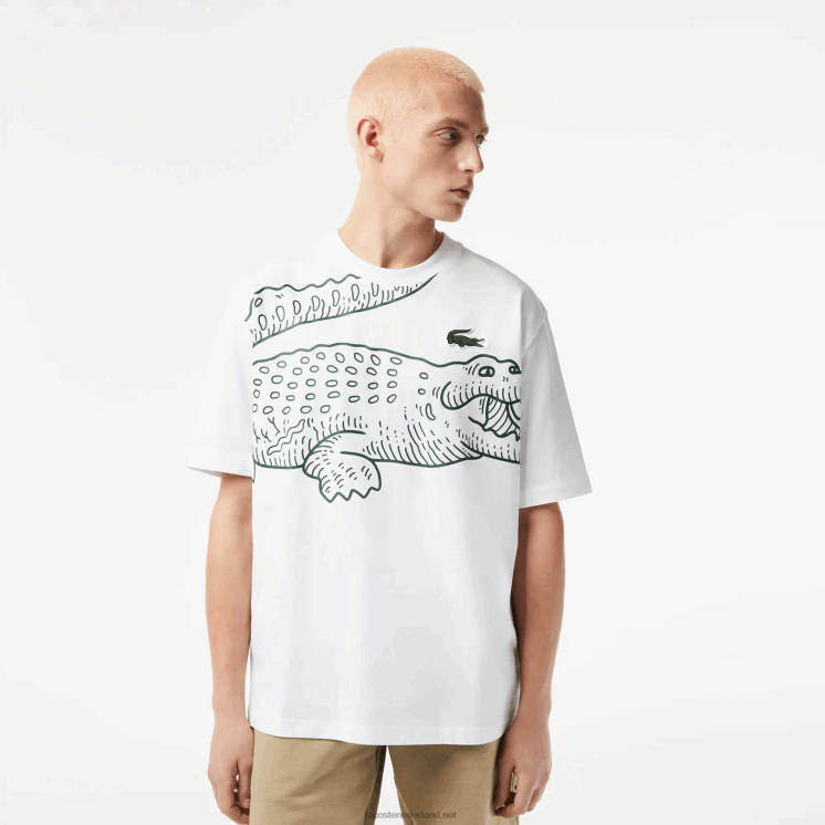 Lacoste losvallend T-shirt met ronde hals en krokodillenprint 0828H254 wit 001 Heren