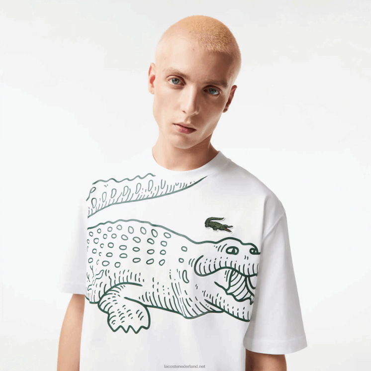 Lacoste losvallend T-shirt met ronde hals en krokodillenprint 0828H254 wit 001 Heren