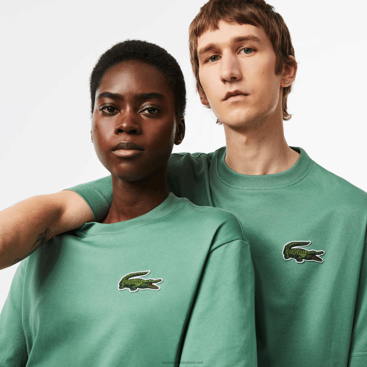 Lacoste losvallend groot T-shirt van biologisch katoen met krokodillenleer 0828H125 kaki groen kx5 Heren