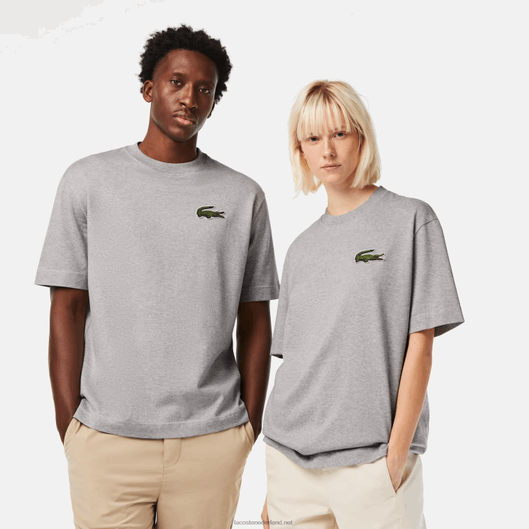 Lacoste losvallend groot T-shirt van biologisch katoen met krokodillenleer 0828H74 grijze chine ca Heren