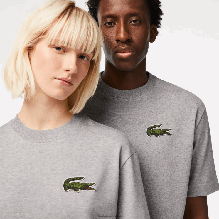 Lacoste losvallend groot T-shirt van biologisch katoen met krokodillenleer 0828H74 grijze chine ca Heren