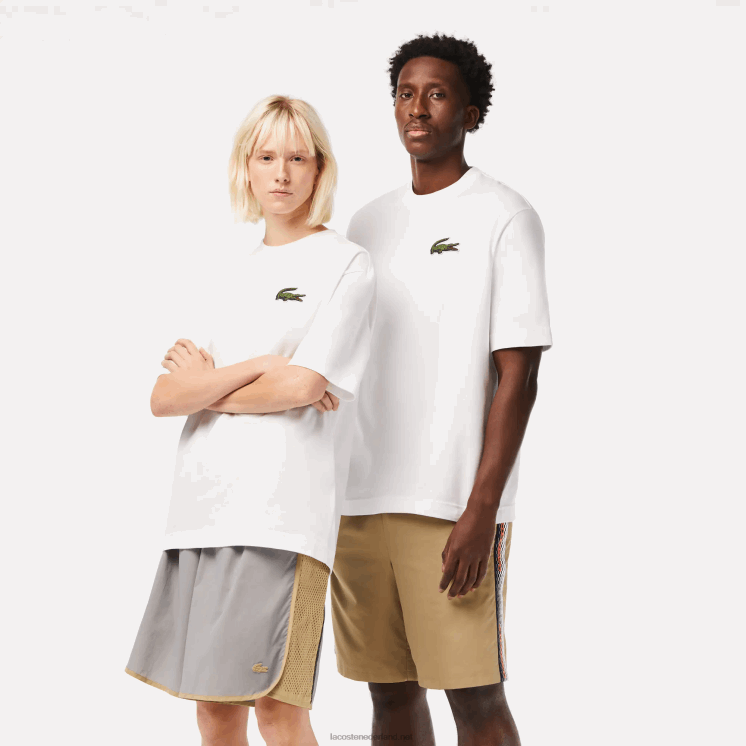 Lacoste losvallend groot T-shirt van biologisch katoen met krokodillenleer 0828H75 wit 001 Heren