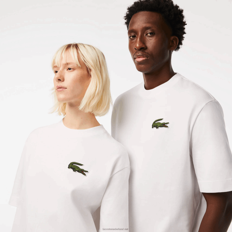 Lacoste losvallend groot T-shirt van biologisch katoen met krokodillenleer 0828H75 wit 001 Heren
