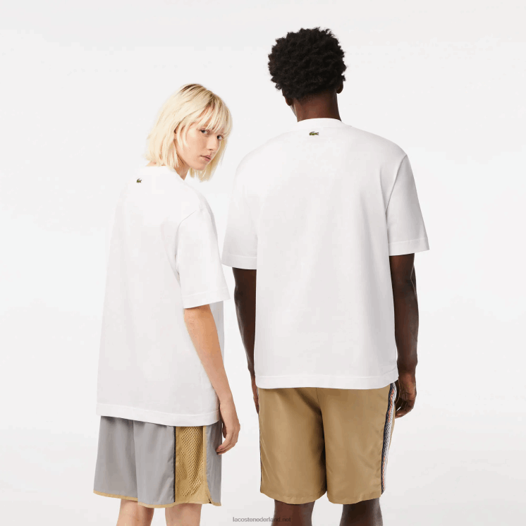 Lacoste losvallend groot T-shirt van biologisch katoen met krokodillenleer 0828H75 wit 001 Heren