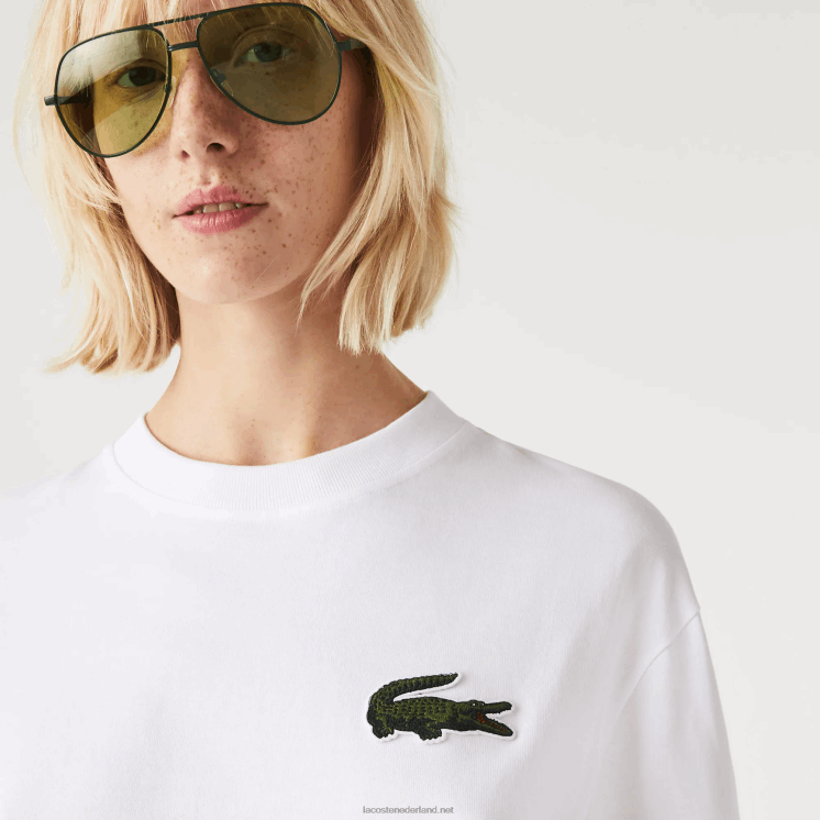 Lacoste losvallend groot T-shirt van biologisch katoen met krokodillenleer 0828H75 wit 001 Heren